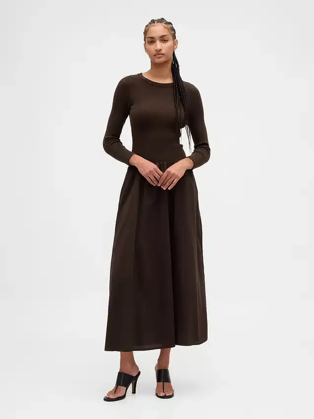 Robe longue à taille basse en mélange de matières