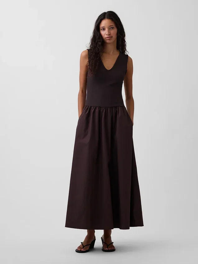 Robe longue à taille basse en mélange de matières