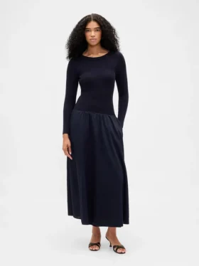 Robe longue à taille basse en mélange de matières