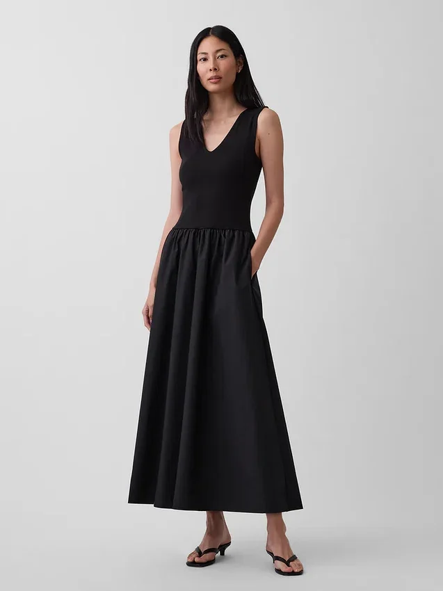 Robe longue à taille basse en mélange de matières