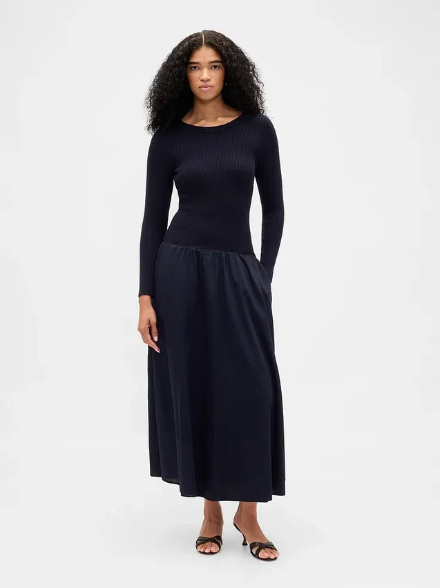 Robe longue à taille basse en mélange de matières
