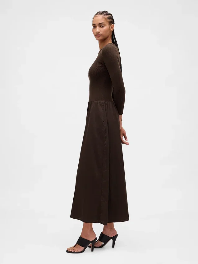 Robe longue à taille basse en mélange de matières