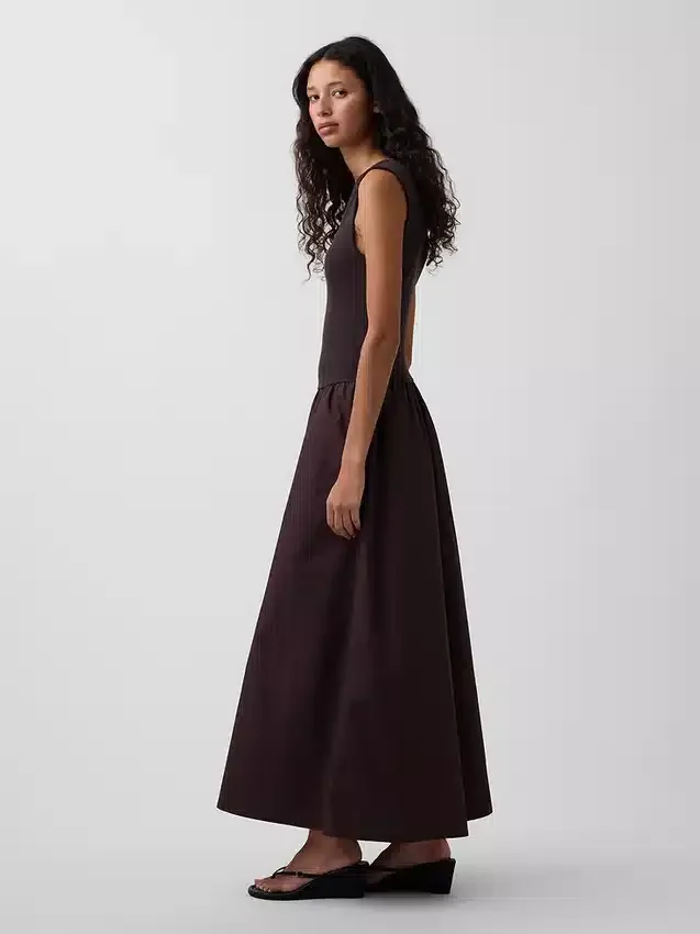 Robe longue à taille basse en mélange de matières