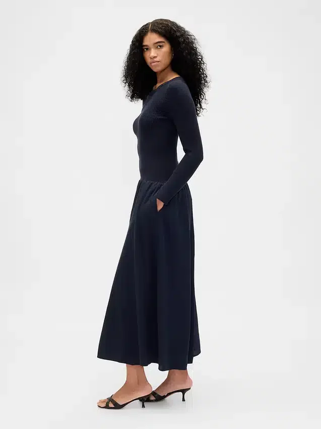 Robe longue à taille basse en mélange de matières