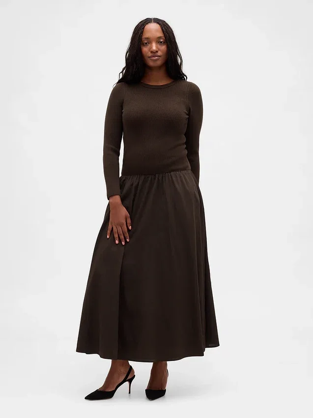 Robe longue à taille basse en mélange de matières