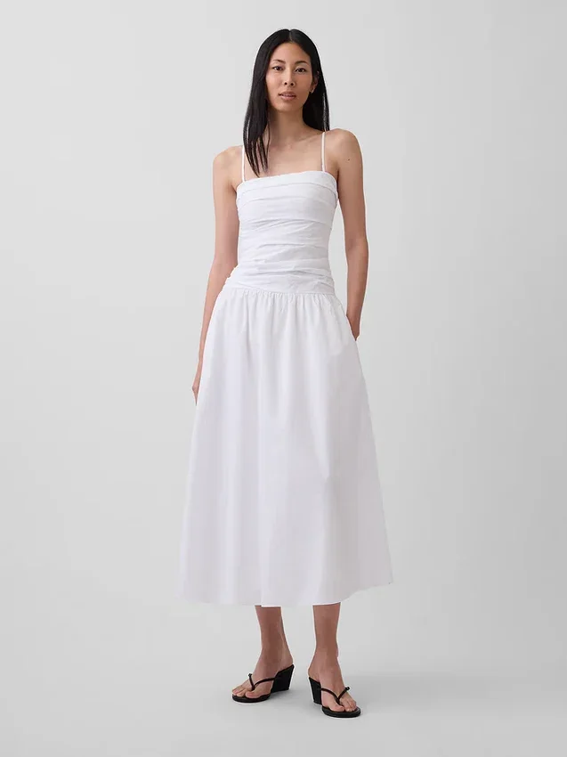 Robe longue taille basse en popeline