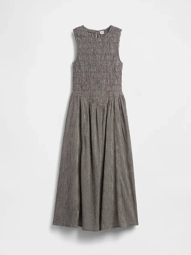 Robe longue à taille basse smockée en vichy
