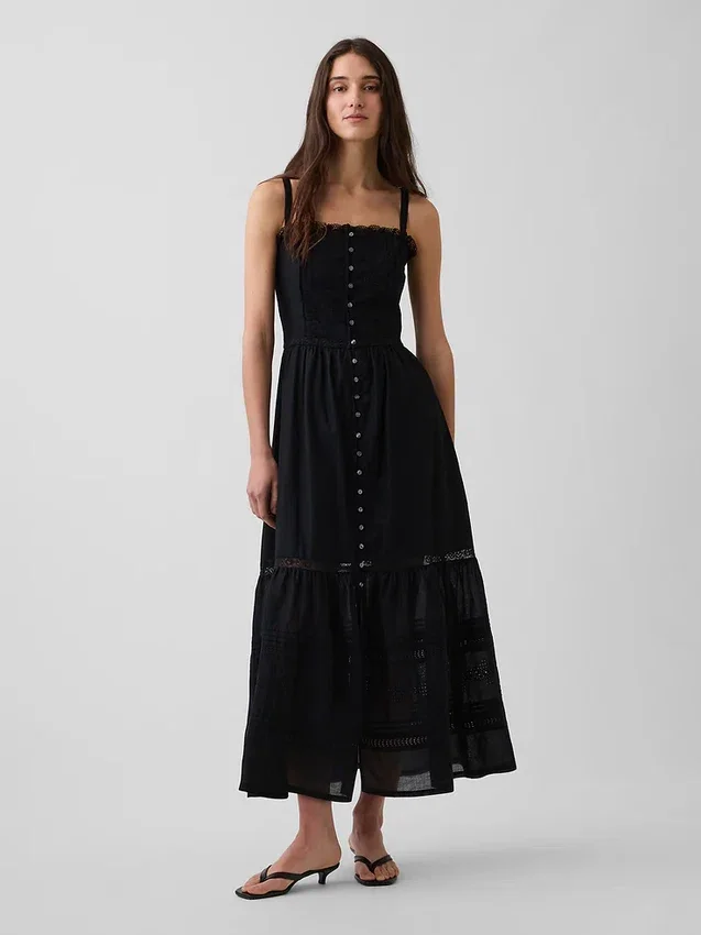 Robe longue à volants ajourés