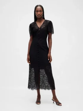 Robe mi-longue à col en V en dentelle