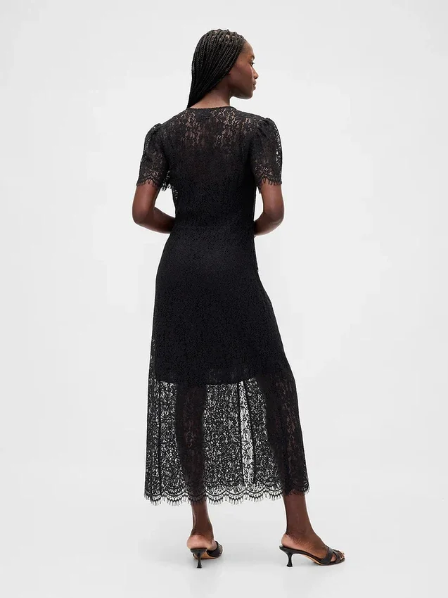 Robe mi-longue à col en V en dentelle
