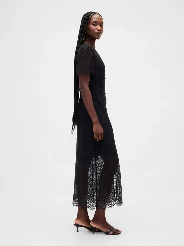 Robe mi-longue à col en V en dentelle