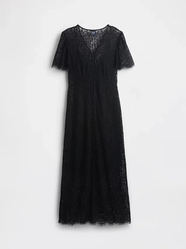 Robe mi-longue à col en V en dentelle