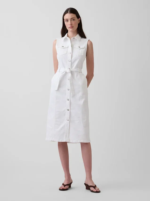Robe mi-longue en denim avec ceinture à nouer