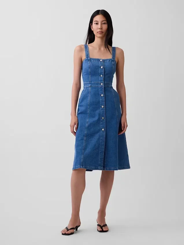Robe mi-longue en denim à boutonnage sur le devant