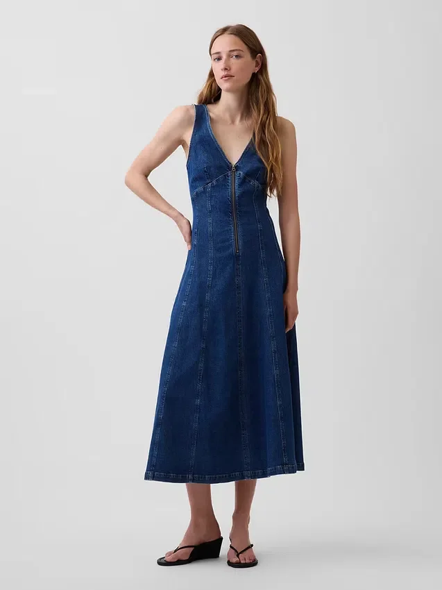 Robe mi-longue en denim à coutures apparentes et fermeture éclair sur le devant