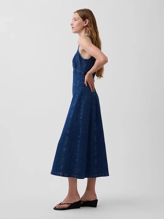 Robe mi-longue en denim à coutures apparentes et fermeture éclair sur le devant