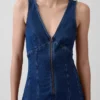 Robe mi-longue en denim à coutures apparentes et fermeture éclair sur le devant