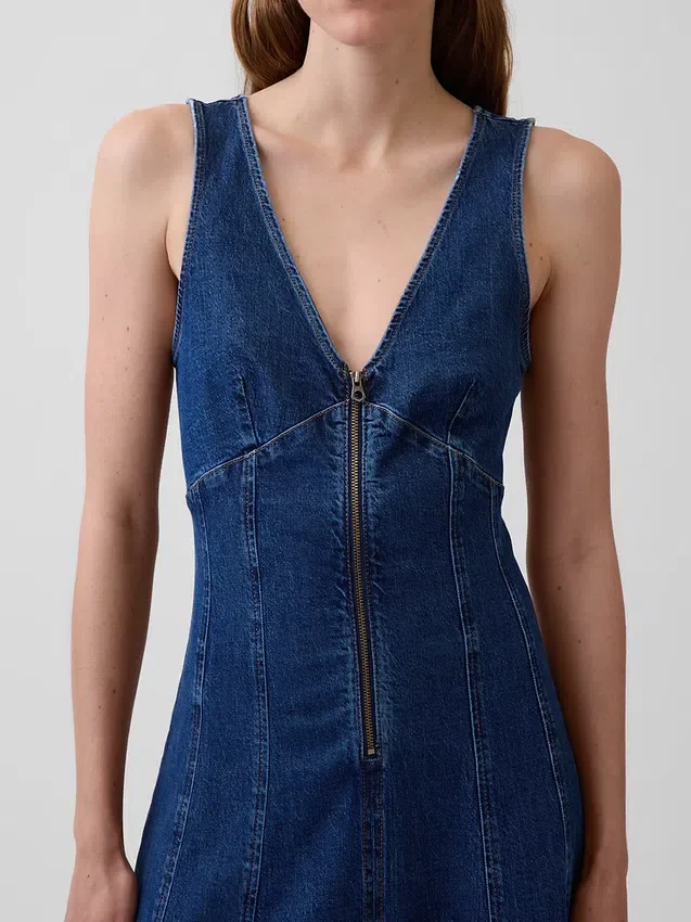 Robe mi-longue en denim à coutures apparentes et fermeture éclair sur le devant