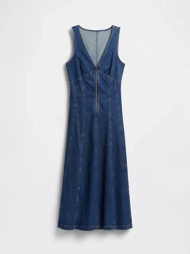 Robe mi-longue en denim à coutures apparentes et fermeture éclair sur le devant