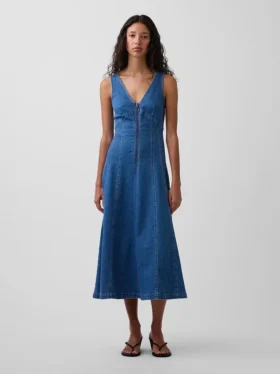 Robe mi-longue en denim à coutures apparentes et fermeture à glissière sur le devant