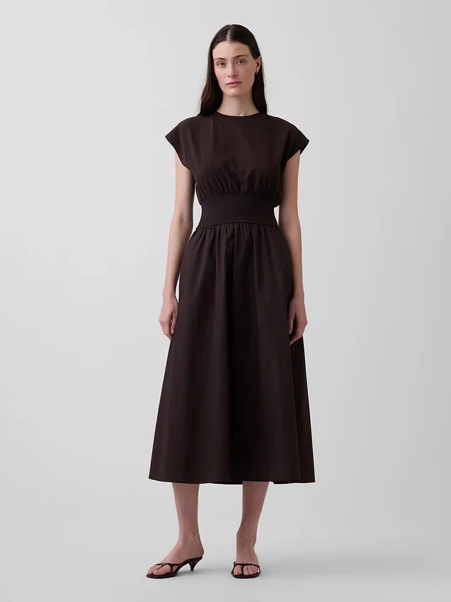Robe mi-longue à taille basse en mélange de matières