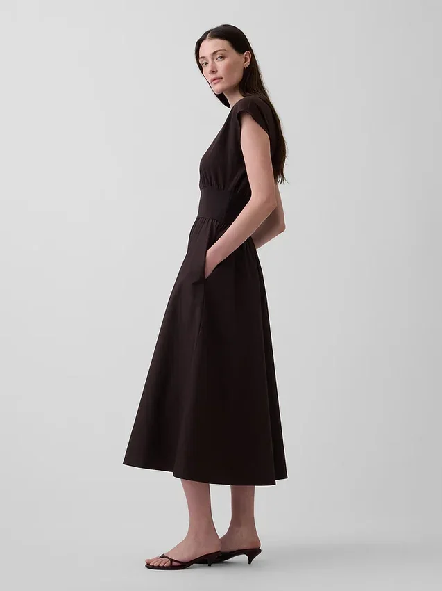 Robe mi-longue à taille basse en mélange de matières