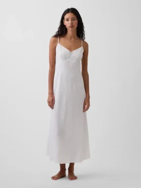 Robe midi brodée en mélange de lin