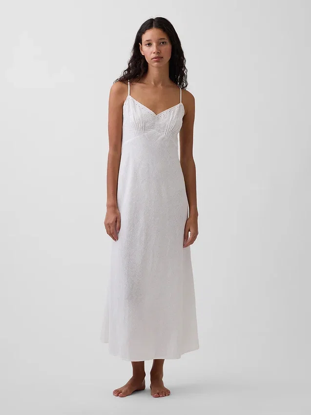Robe midi brodée en mélange de lin