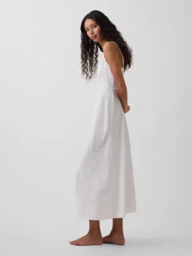 Robe midi brodée en mélange de lin