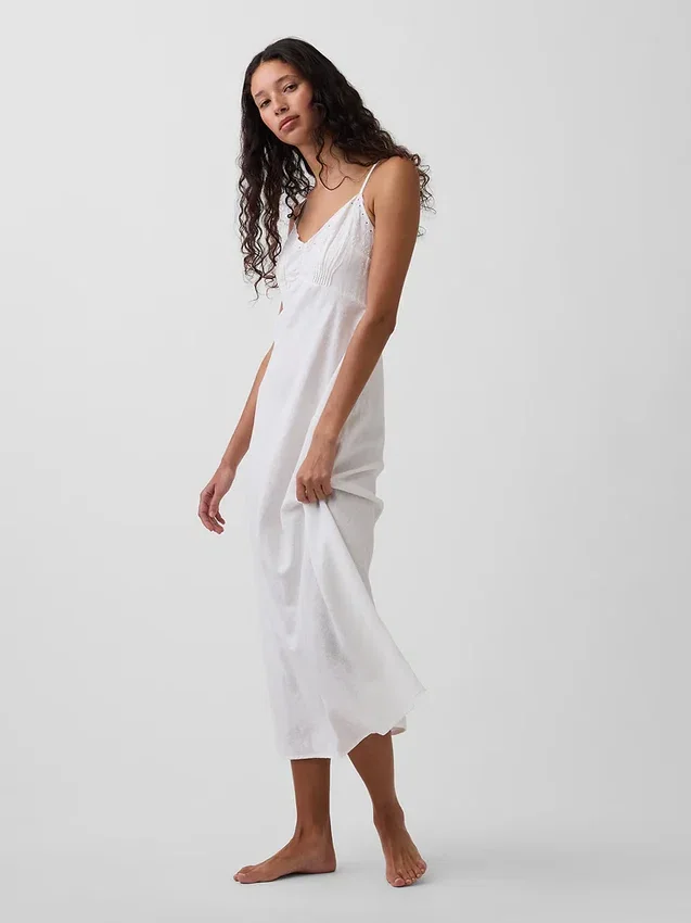 Robe midi brodée en mélange de lin