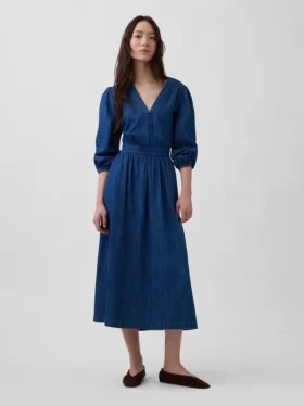 Robe midi en denim à empiècement à la taille