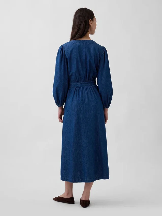 Robe midi en denim à empiècement à la taille