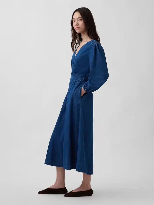 Robe midi en denim à empiècement à la taille
