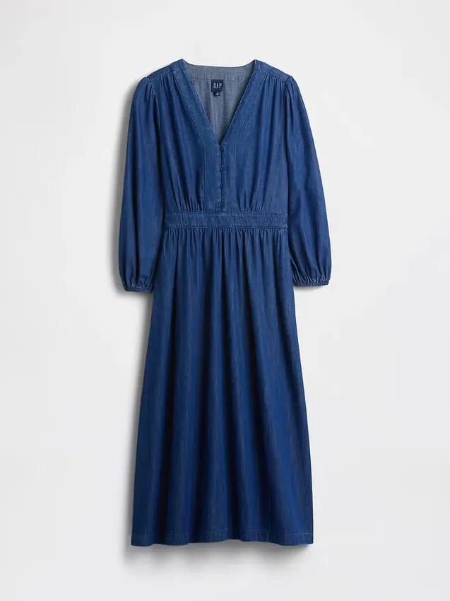 Robe midi en denim à empiècement à la taille