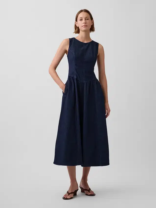 Robe midi en denim à taille basse