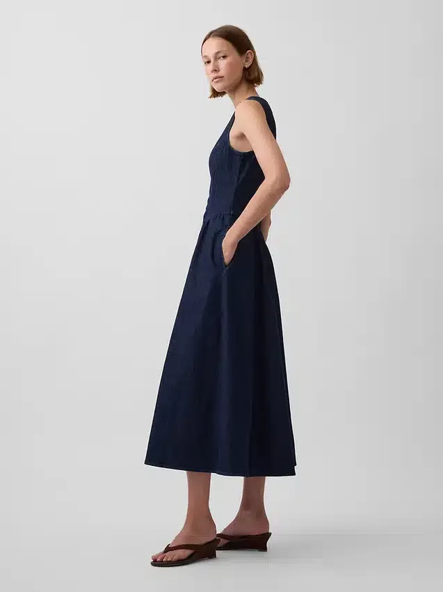 Robe midi en denim à taille basse