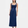Robe midi en denim à taille basse et effet corset