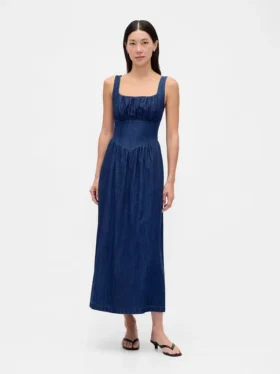 Robe midi en denim à taille basse et effet corset