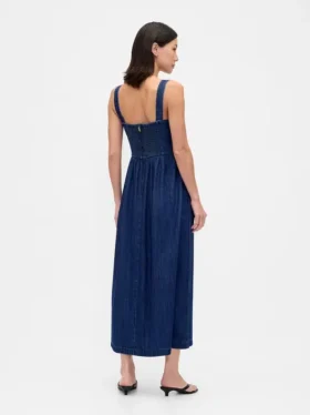 Robe midi en denim à taille basse et effet corset