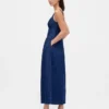 Robe midi en denim à taille basse et effet corset