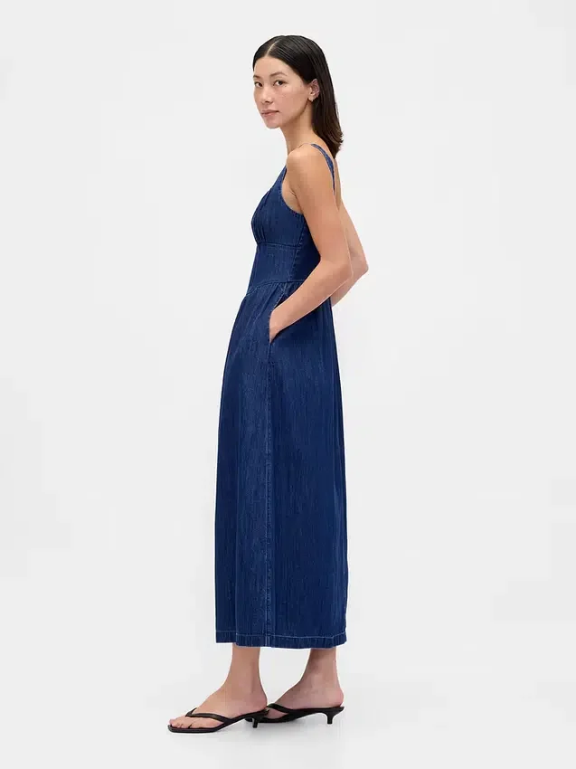 Robe midi en denim à taille basse et effet corset