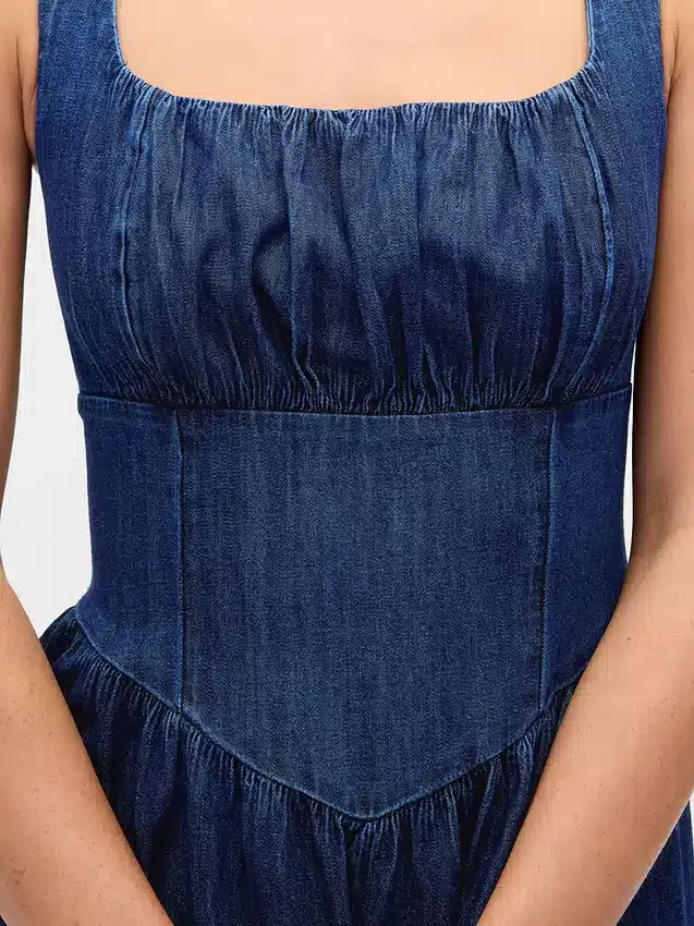 Robe midi en denim à taille basse et effet corset
