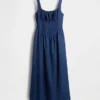 Robe midi en denim à taille basse et effet corset
