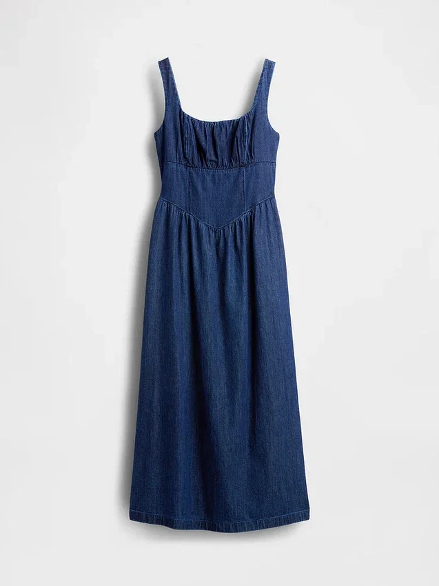 Robe midi en denim à taille basse et effet corset