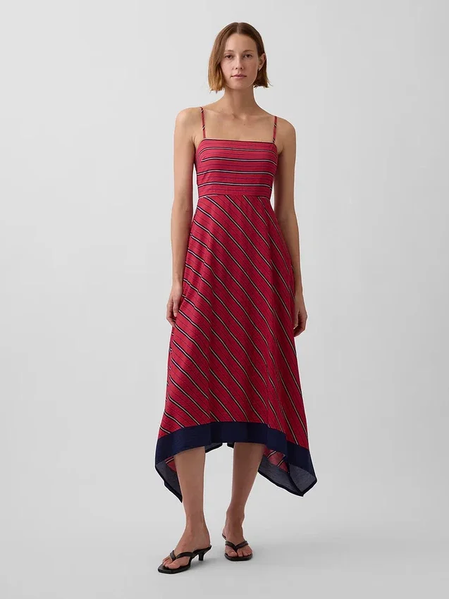 Robe midi à rayures et col en forme de mouchoir