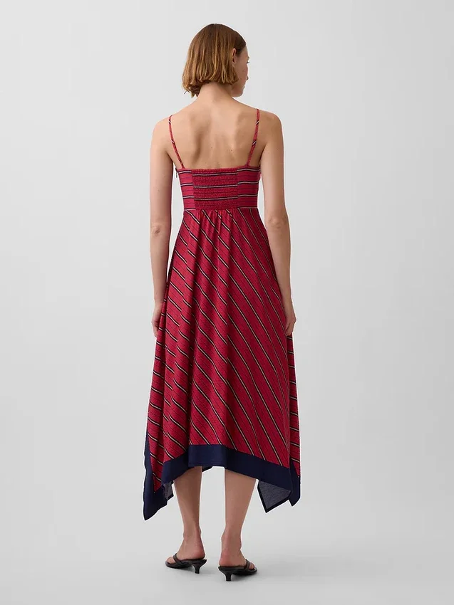 Robe midi à rayures et col en forme de mouchoir