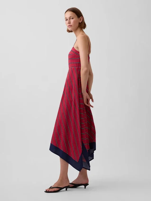 Robe midi à rayures et col en forme de mouchoir