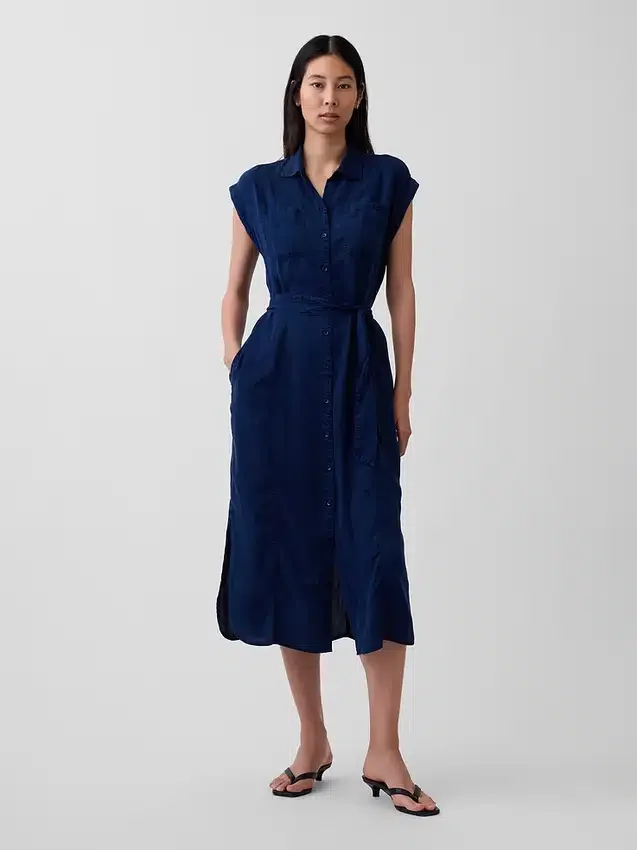 Robe midi utilitaire en denim à nouer à la taille