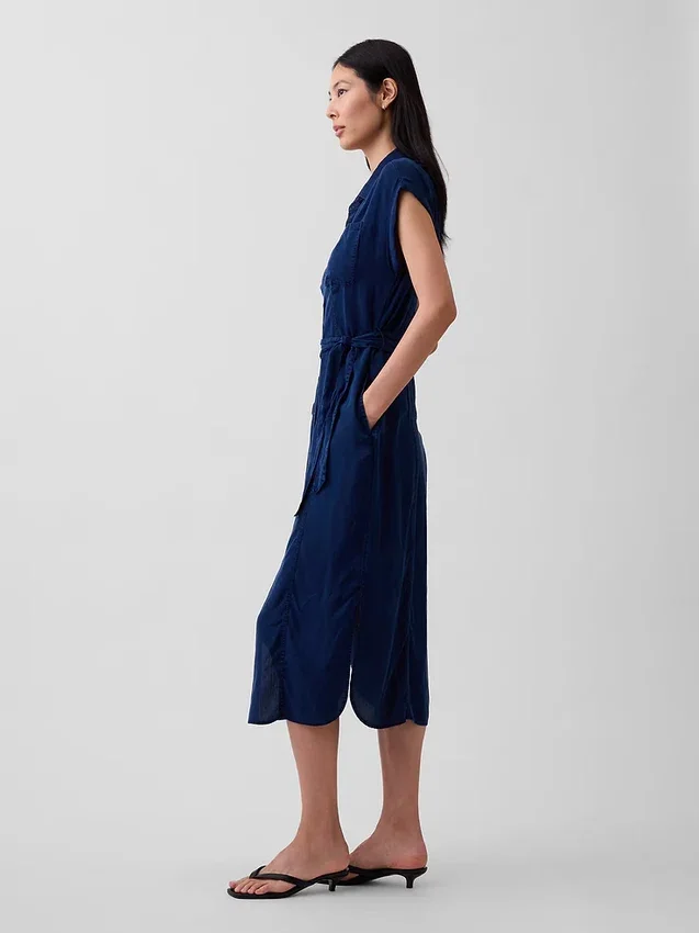 Robe midi utilitaire en denim à nouer à la taille