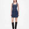 Robe mini en denim à coutures apparentes et boutons sur le devant